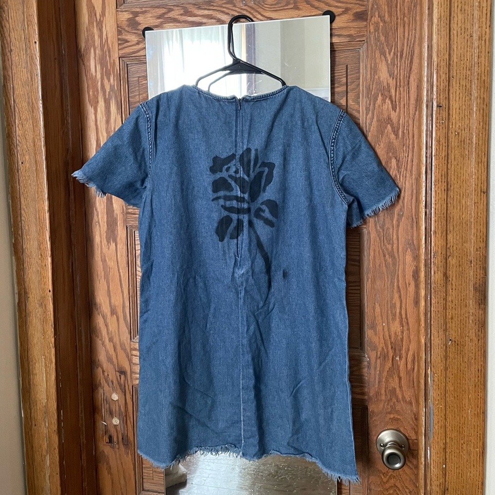 Denim mini dress with black rose